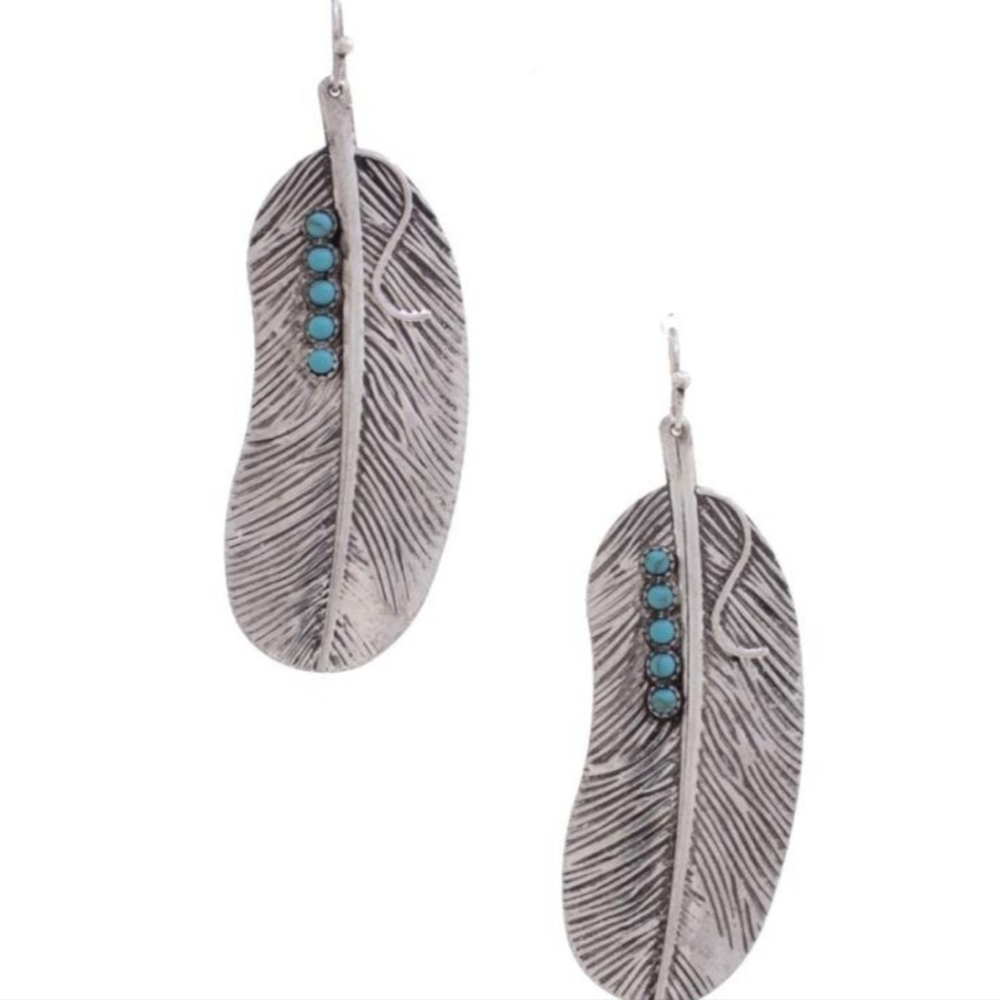 Silver tone feather earrings with faux turquoise stones pierced earrings - Picture 2 of 5